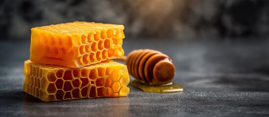 Honeycomb Wax Mold Beside Beeswax Block on Dark Background with copy space area -