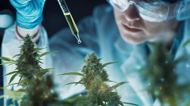 Laboratory technician dripping a drop of cbd or thc oil from a pipette onto a cannabis plant, conducting pharmaceutical research on medical marijuana