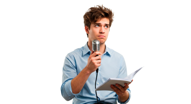 A man looking thoughtful, holding a microphone and a book, getting ready to speak.