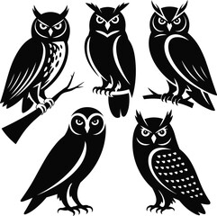 Owl Silhouette Set: Black and White Owl Designs for Nature, Wisdom, and Mystical Themes