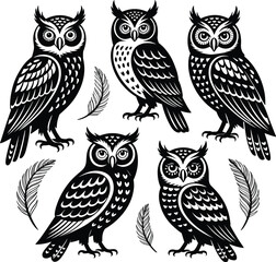 Owl Silhouette Illustration Set: Black and White Owl Designs with Feathers for Nature, Wisdom, and Mystical Themes