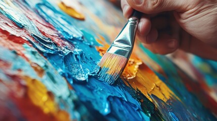 Fototapeta premium A close-up image capturing the dynamic movement of a brush painting vivid colors on a textured canvas, celebrating creativity and the joy of artistic expression.