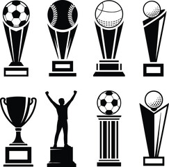 Sports Trophy and Champion Silhouette Icons: Soccer, Baseball, Basketball, Golf, and Victory Symbols