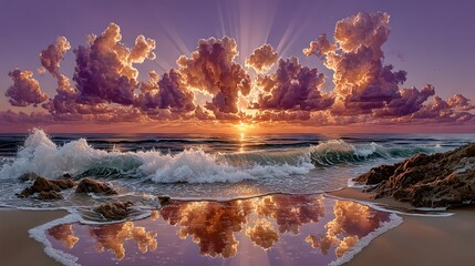 Colorful clouds reflecting on wet beach high resolution photo