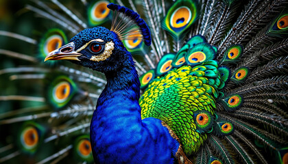 Fototapeta premium Vibrant peacock displaying colorful feathers in natural setting 
