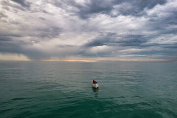 Long shot of a calm sea under a cloudy sky. A small boat with figures is visible near the center of...