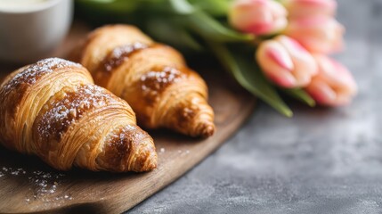 A delightful presentation of freshly baked croissants paired with tulips, offering an inviting look that embodies warmth, home-cooked comfort, and a touch of elegance.