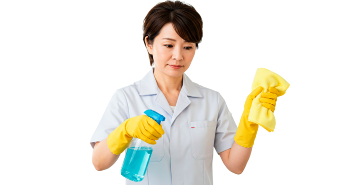 An asian cleaning lady in a white uniform is holding a spray bottle ready to clean.