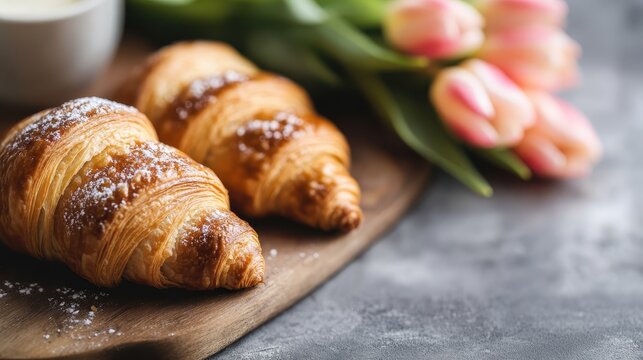 A delightful presentation of freshly baked croissants paired with tulips, offering an inviting look that embodies warmth, home-cooked comfort, and a touch of elegance.