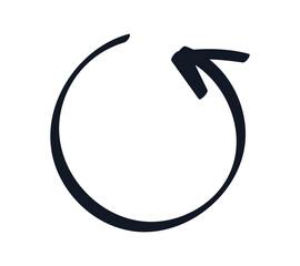 Hand drawn sign of Rotation, Turn. Outline round Arrow. Doodle symbol Cycle, Loading. Isolated outline icon of Update written with black ink, marker. Linear simple sketch. Vector illustration.