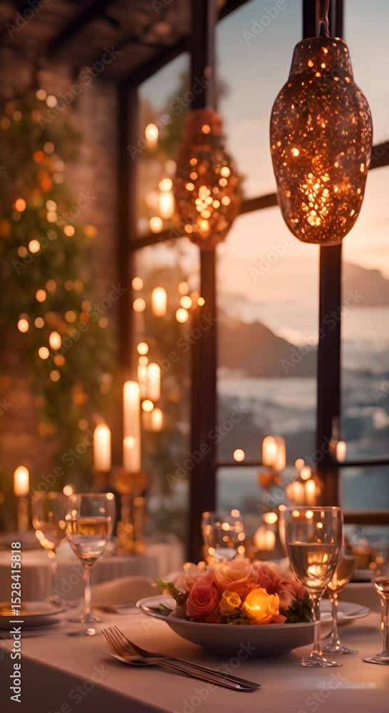 Poster table setting at restaurant colorful lights hd resolution with hyper realistic nature background 4k 