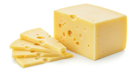Block of Kashar cheese and sliced cheeses on the side. Isolated on a white background.