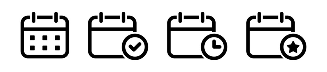 Calendar date icon set. date time icon. date checkmark icon tick symbol, starred date icon with star symbol. representing schedules, events, planning and favorites. verified dates, important scheduled