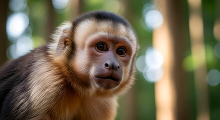 Obraz premium Capuchin Monkey Staring Curiously in Sunlit Forest 