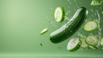 A stunning image showcasing a cucumber splashing into water, surrounded by flying slices, emphasizing freshness and vibrant green hues to captivate any viewer.
