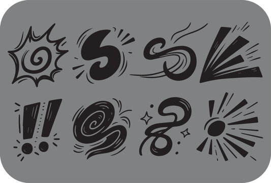 Hand Drawn Comic Style Elements Featuring Exclamations Swirls and Speed Lines in Black Ink on a Solid Gray Background with Rounded Edges ink comic