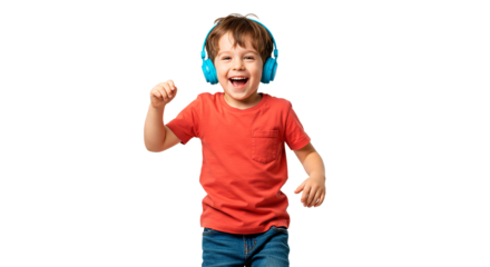 Happy boy with headphones enjoying music and dancing, isolated.