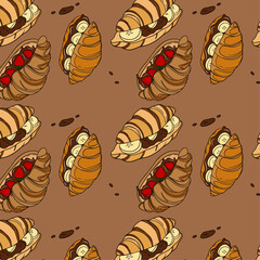 Sweet bakery seamless background pattern wallpaper with different types of baking products. Bakery shop and cafeteria restaurant decoration