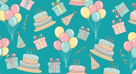 Teal background with pastel cakes, presents, balloons, and party hats, illustrating a joyful birthday celebration, perfect for invitations or festive designs