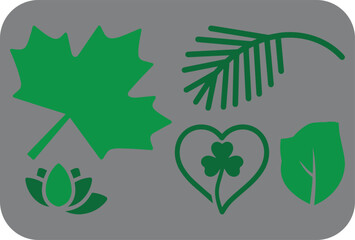 Obraz premium A collection of nature themed icons including a maple leaf pine branch lotus flower heart with shamrock and a simple leaf all in shades of
