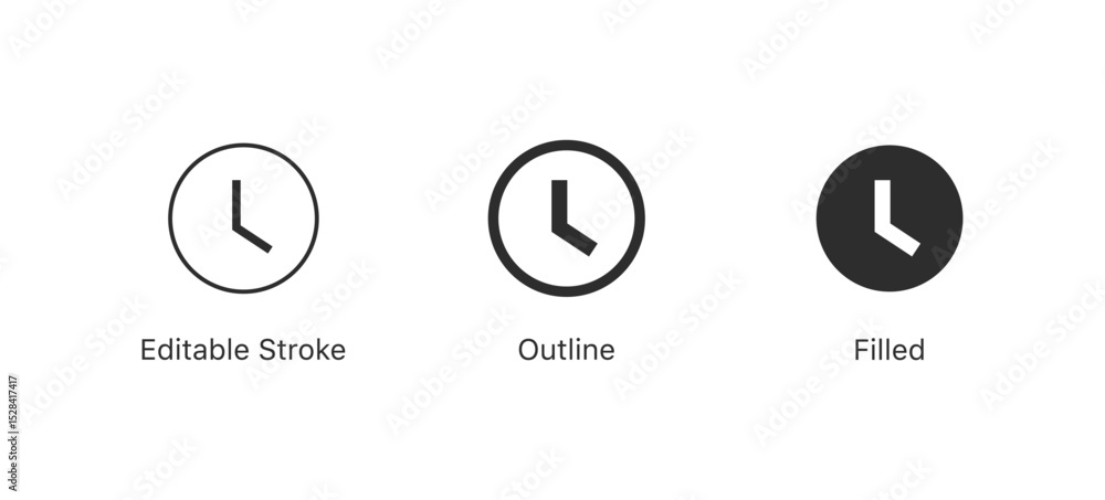 Poster clock and time icon set. clockwise, time passing, stopwatch and timer icons , history or watch later sign with editable strokes