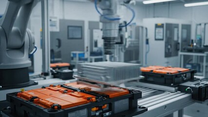 Automated ev battery pack assembly line robotic arm manufacturing process in modern factory setting - Powered by Adobe