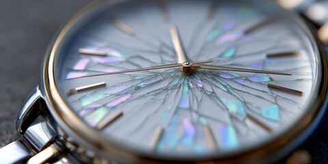 Fototapeta premium timepiece distress, macro shot of cracked analog wristwatch face, fractured glass creating kaleadoscope effect, subtle background blur of worried persons wrist, dramatic side lighting, perfect for