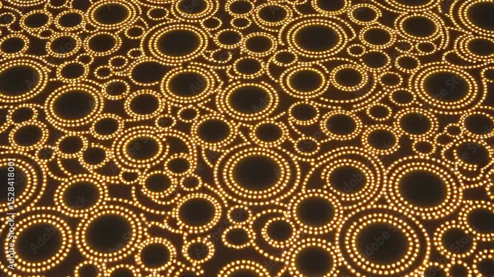Poster a seamless looping abstract pattern of circular golden lights slowly blinking in a dark environment 