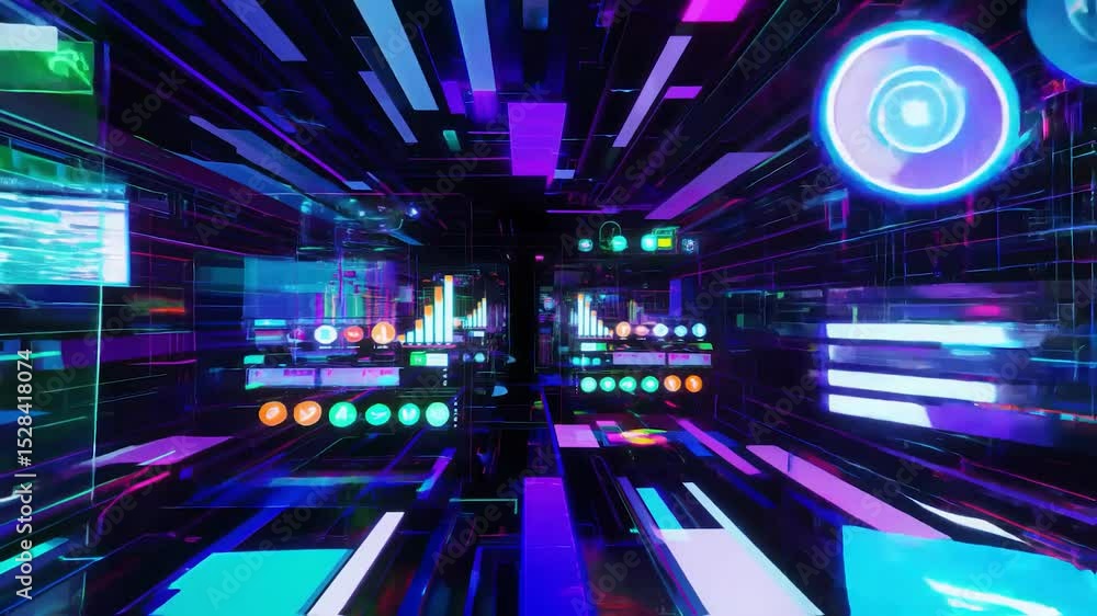 Poster a digital futuristic space filled with colorful hud elements and glowing interface graphics in vibra
