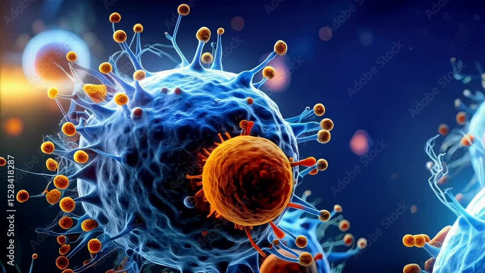 Poster visualization of infectious pathogens with spikes and a textured surface set against a gradient back