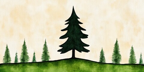 Green Hill with Tall Evergreen Tree under Cream Sky Digital Illustration