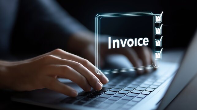 E-Invoice and Digital billing concept, Businessman using laptop to manage electronic statements on virtual screen. E-tax, Digital receipt, Online invoice processing and tax accounting solutions