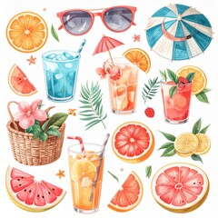 Watercolor Summer Drinks and Tropical Fruits Illustration