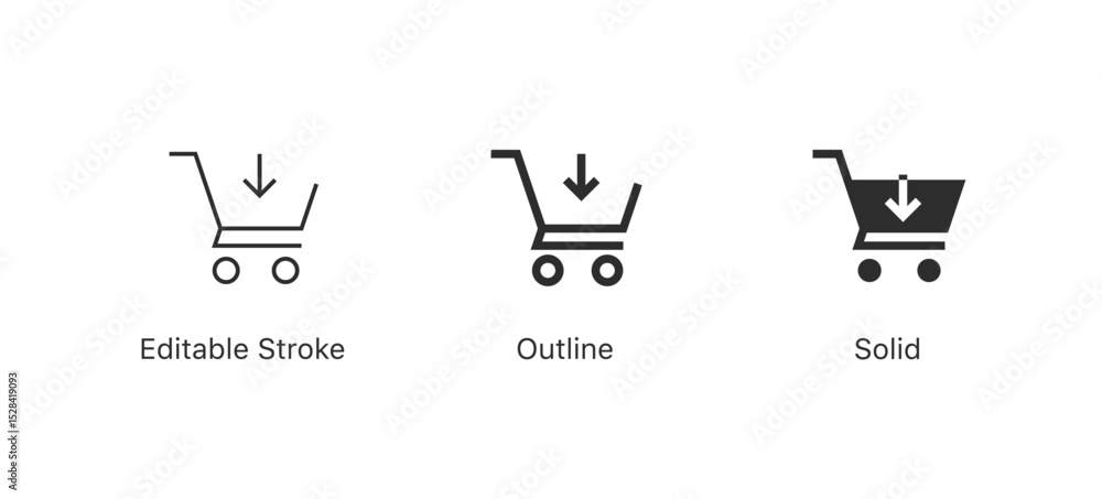 Poster add to shopping cart icon with arrow down sign - shop basket symbol, buy and sale shopping trolley i