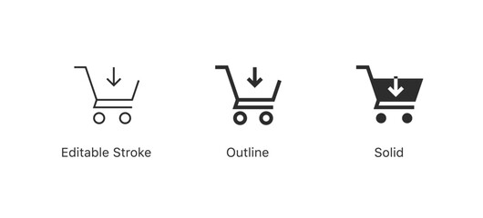 add to shopping cart icon with arrow down sign - shop basket symbol, buy and sale shopping trolley icon symbol in three styles: editable stroke, outline, and solid, flat style