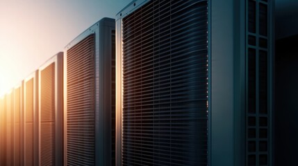 A series of modern air conditioning units is showcased against a stunning sunset backdrop, highlighting the intersection of technology and nature in urban settings.