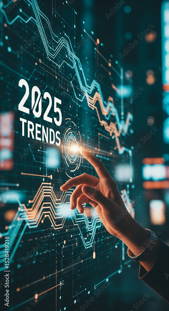 Poster hand interacting with a digital interface displaying 2025 trends, visualized with glowing lines and 