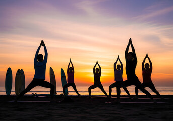 Silhouetted group doing beach yoga at dawn