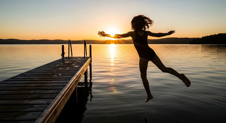 Silhouette of child leaping into lake from a dock