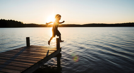 Silhouette of child leaping into lake from a dock