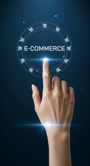 Hand presses digital button, "E-commerce" text surrounded by shopping cart icons, showcasing online shopping concept, ideal for website banner or digital marketing