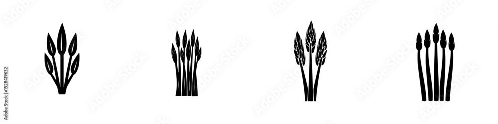 Poster collection of four distinctive icon designs representing asparagus in a simple and modern style