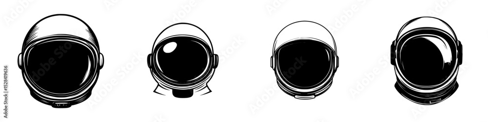 Poster collection of four different astronaut helmet icons designed in a minimalist style showcasing variou