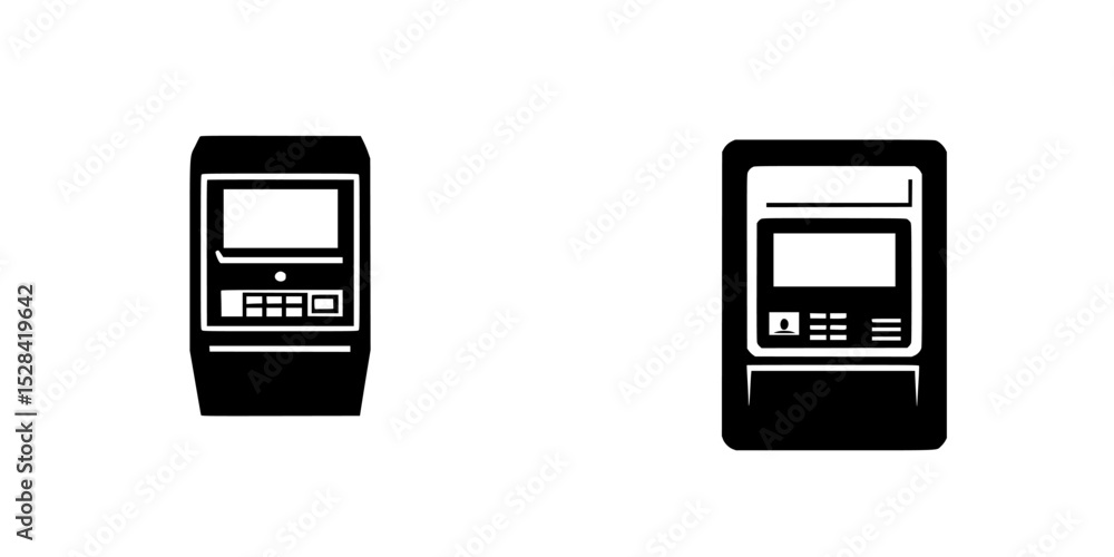 Poster icon set featuring two distinct kiosk designs for user interaction and convenience in various applic