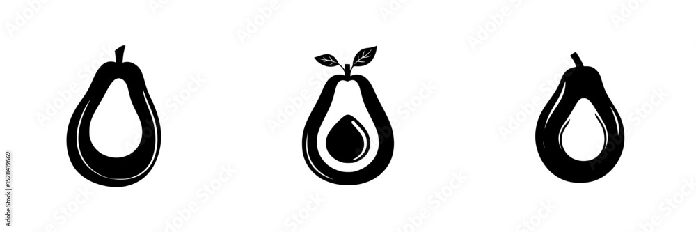 Poster icon set of avocados showcasing three distinct designs and varied shapes suitable for digital use in