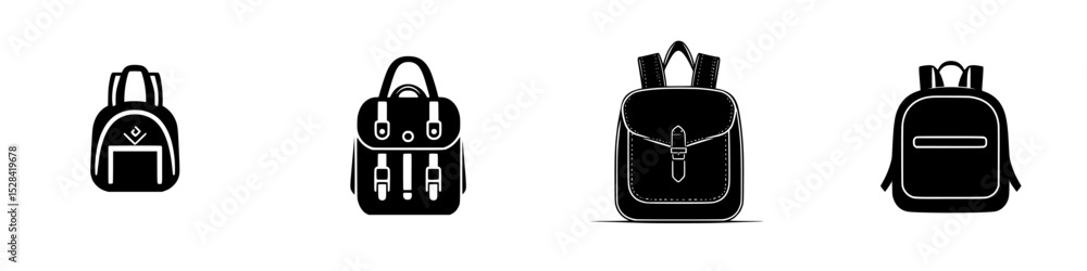 Poster collection of stylish backpack icons designed for various activities and preferences in a simplistic