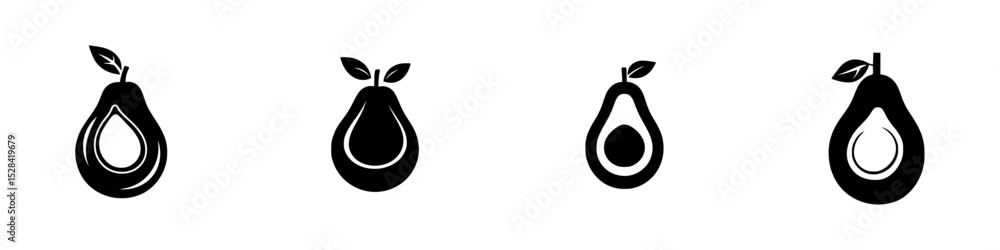 Poster collection of simplistic avocado icons representing various stages of ripeness and cut shapes for us