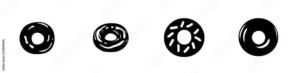 Poster various donut icons featuring different designs and shapes for graphic use or culinary projects