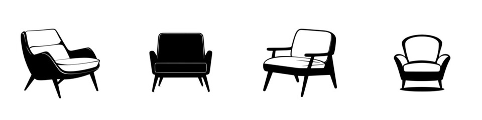 Stylish and modern icon set of various armchair designs in minimalist black and white style