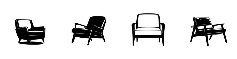 Naklejka premium Icon set of modern armchair designs showcasing various styles and shapes in a monochrome color scheme for interior decoration